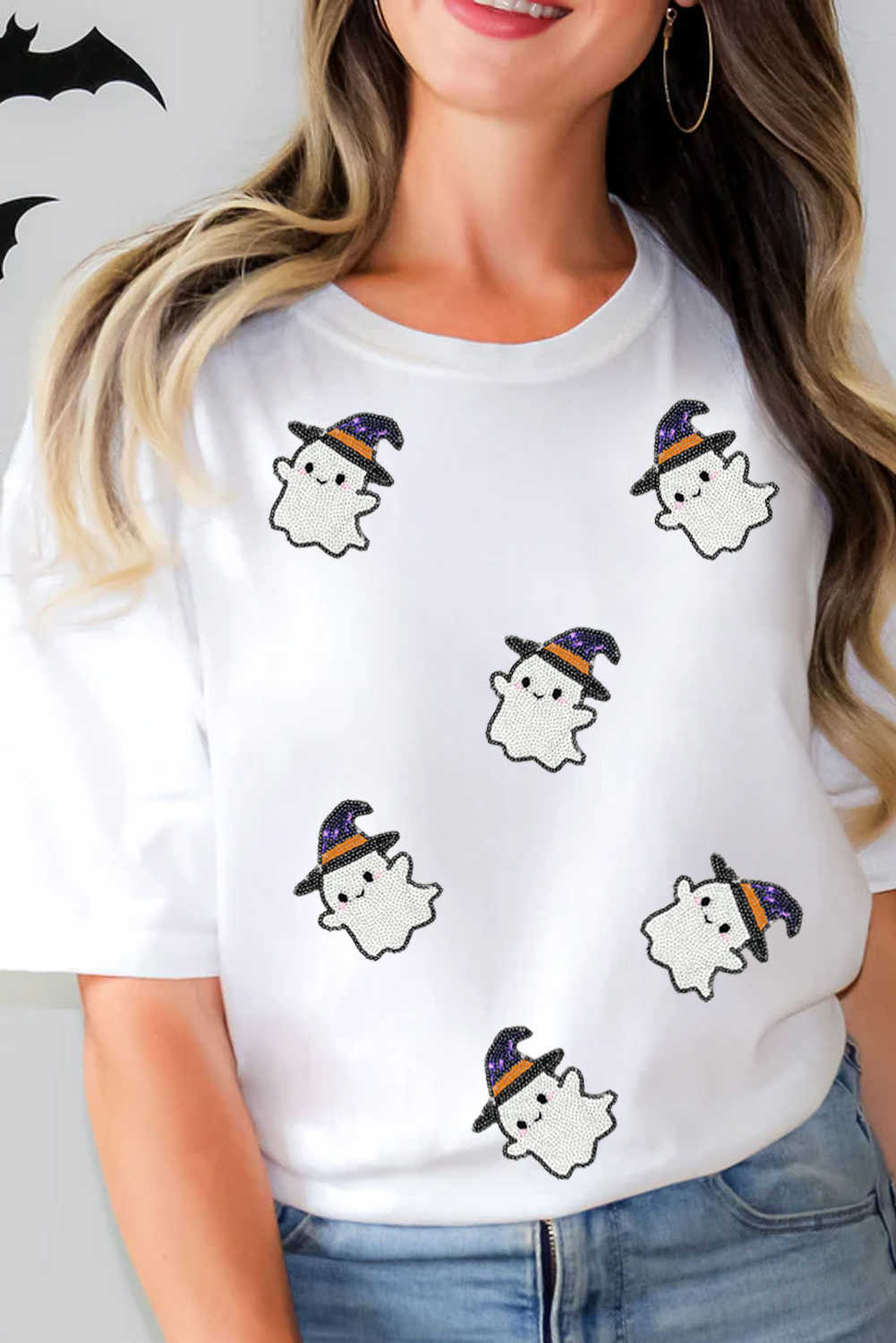 White Halloween Ghost Witch Sequins Patch Casual T Shirt