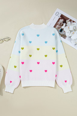 Multicolor Heart Pattern Colorblock High Neck Sweater