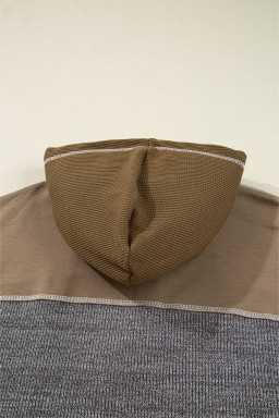 Jungle Green Mixed Texture Patchwork Exposed Seam Half Button Hooded Sweatshirt