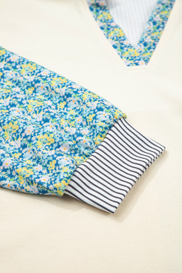 Beige Floral Striped Patchwork Drop Sleeve Boxy Fit Sweatshirt