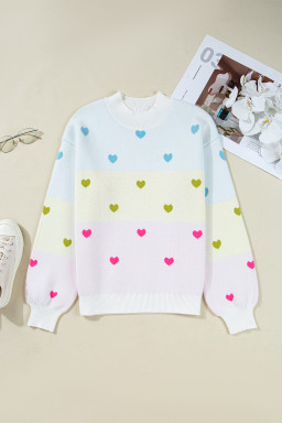 Multicolor Heart Pattern Colorblock High Neck Sweater