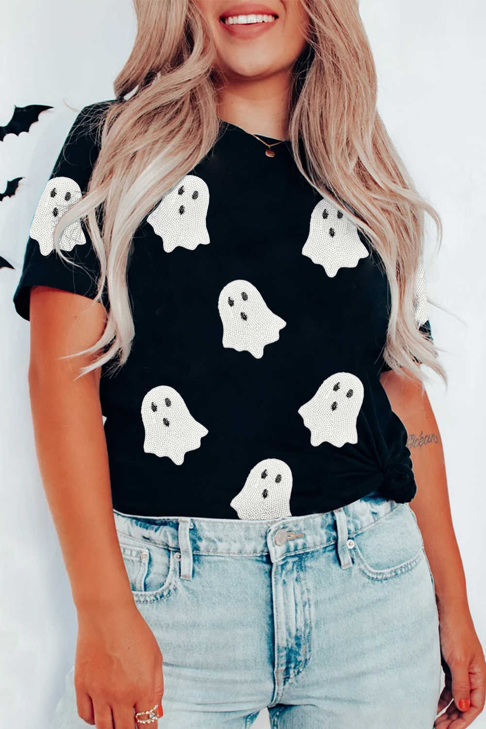 Black Halloween Ghost Sequins Patch Casual T Shirt