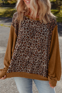 Brown Leopard Floral Print Ribbed Patchwork Puff Sleeve Loose Pullover