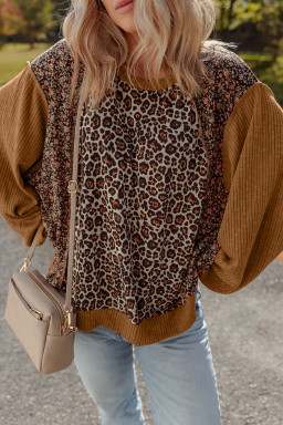Brown Leopard Floral Print Ribbed Patchwork Puff Sleeve Loose Pullover