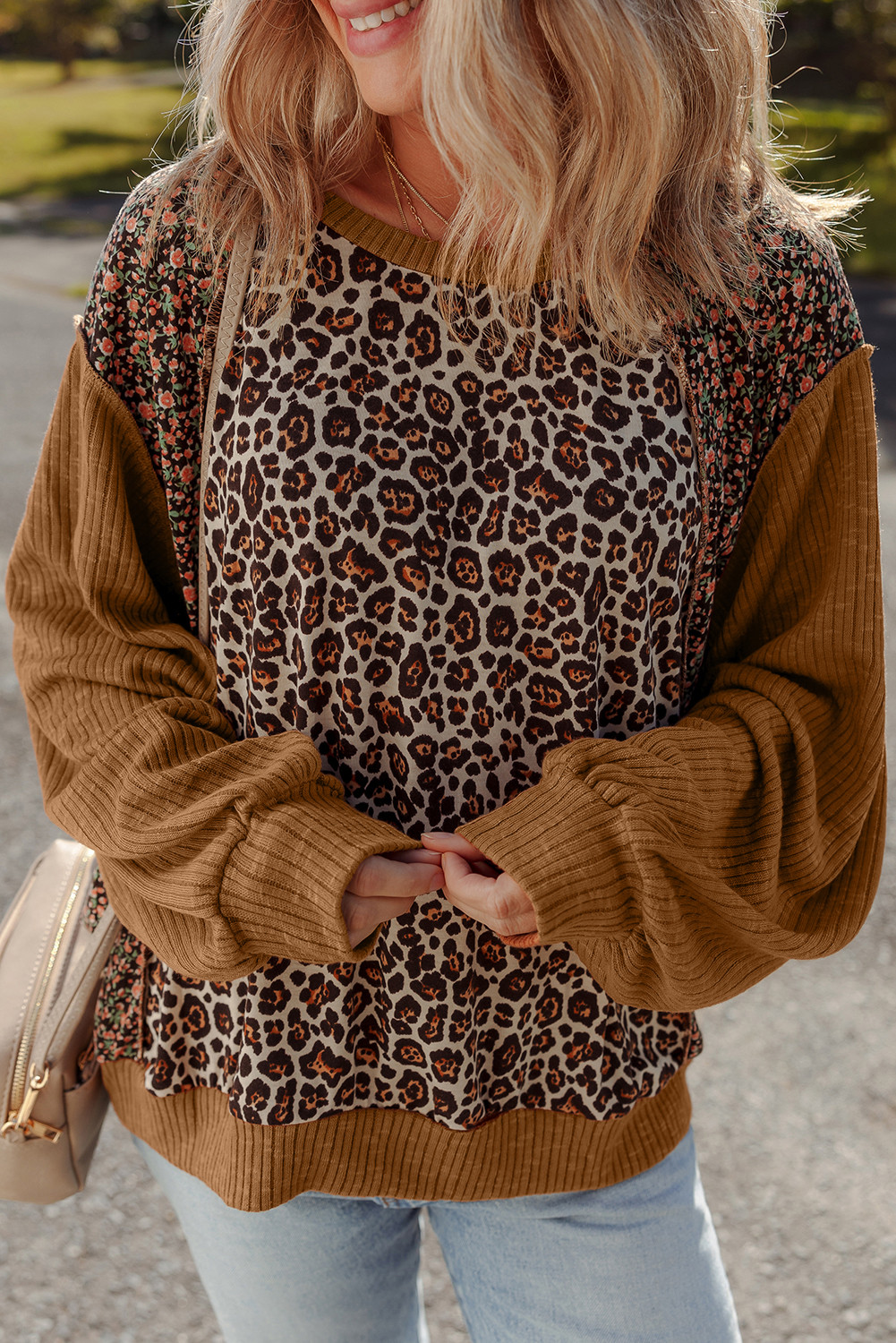 Brown Leopard Floral Print Ribbed Patchwork Puff Sleeve Loose Pullover