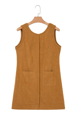 Beige Corduroy Exposed Seam Sleeveless Mini Dress