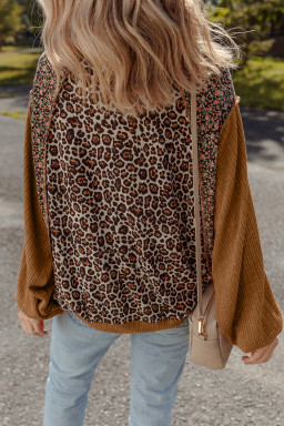 Brown Leopard Floral Print Ribbed Patchwork Puff Sleeve Loose Pullover
