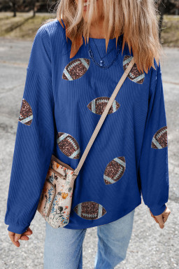 Dark Blue Ribbed Texture Football Sequins Patch Sweatshirt