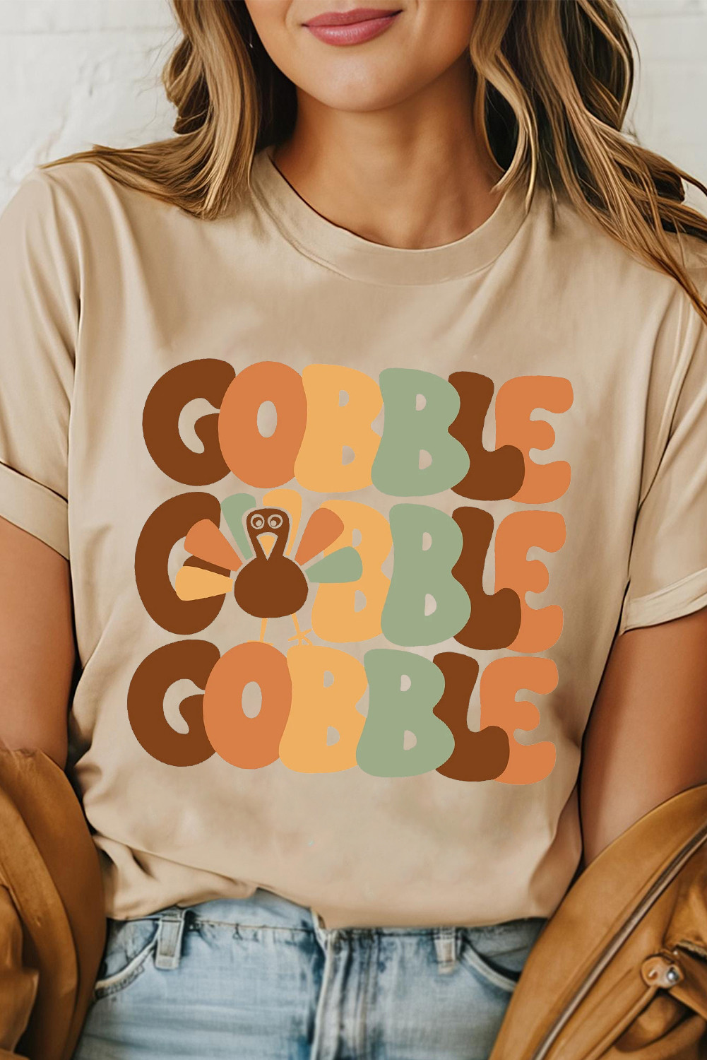 Khaki GOBBLE Turkey Heat Transfer Printing Thanksgiving Graphic Tee