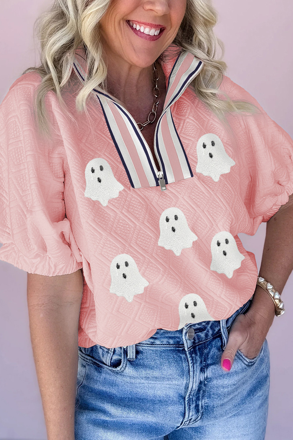 Light Pink Sequin Halloween Ghost Patch Application Graphic Top