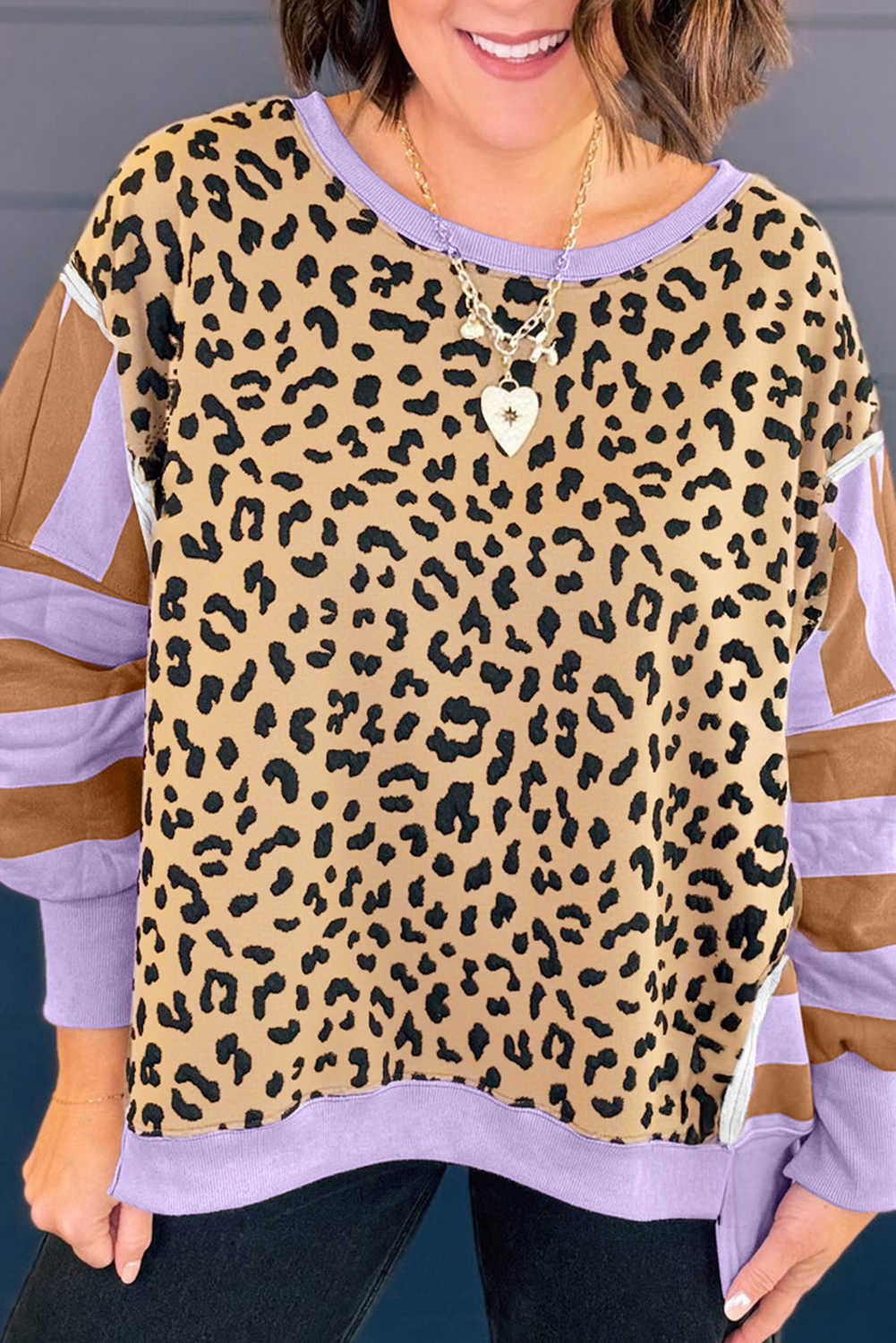 Purple Leopard Striped Patchwork Plus Size Loose Sweatshirt
