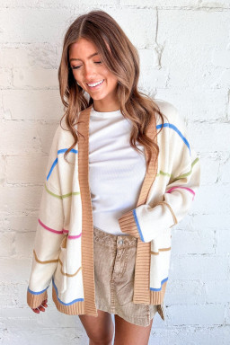 White Color Block Striped Open Front Cardigan With Pocket