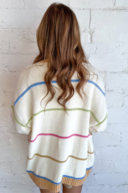 White Color Block Striped Open Front Cardigan With Pocket