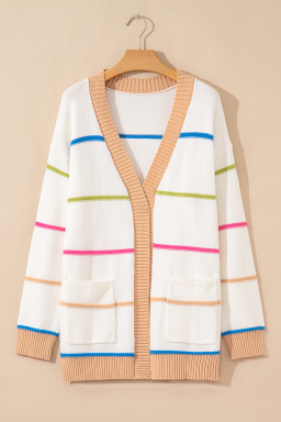 White Color Block Striped Open Front Cardigan With Pocket