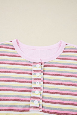 Pink Striped Patchwork Button V Neck Pullover Sweatshirt