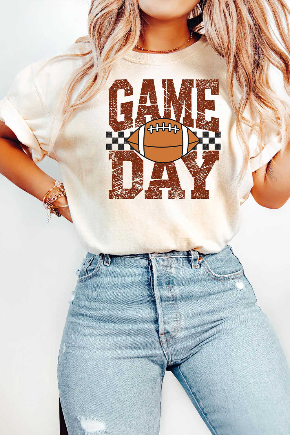 White GAME DAY Checkered Football Heat Transfer Printing Vintage Graphic Tee