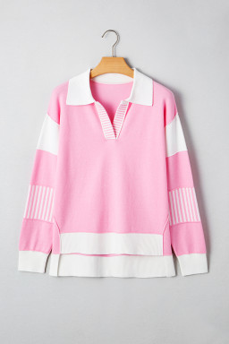 Pink Striped V Neck Collared Colorblock Patchwork Sweater
