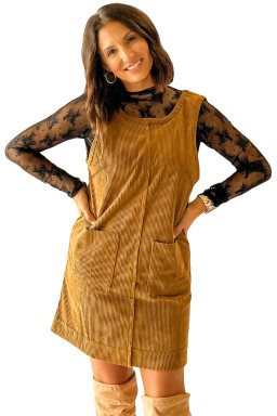 Beige Corduroy Exposed Seam Sleeveless Mini Dress
