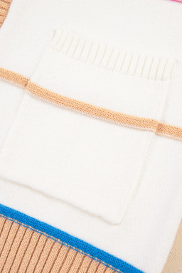 White Color Block Striped Open Front Cardigan With Pocket