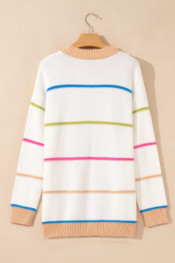 White Color Block Striped Open Front Cardigan With Pocket