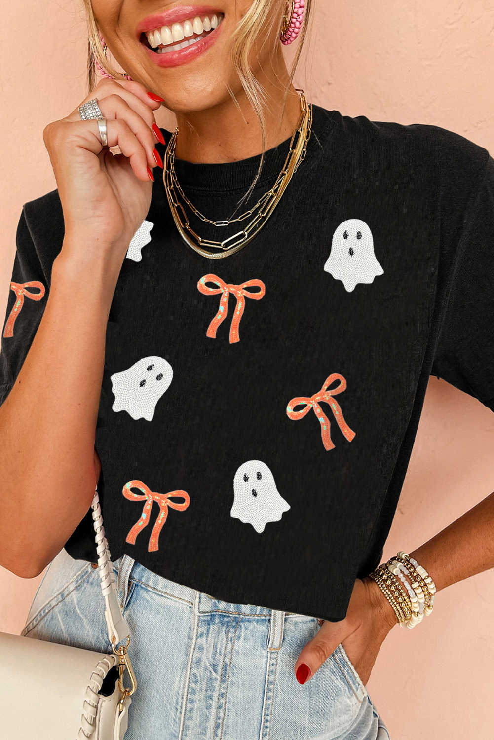Black Bow Ghost Sequin Patched Halloween Graphic Tee