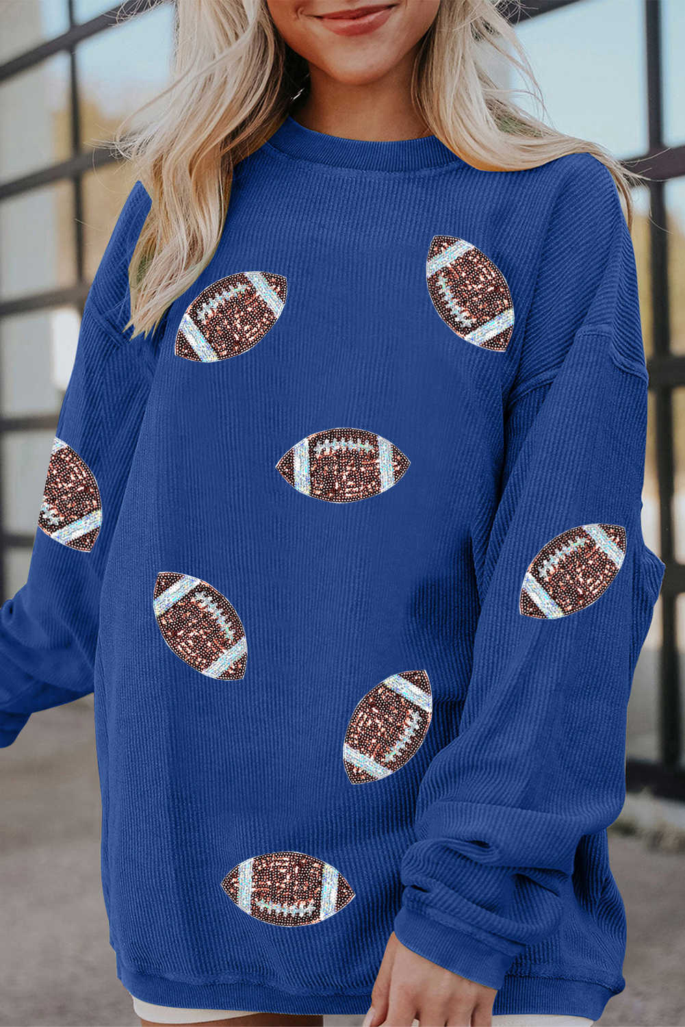 Dark Blue Ribbed Texture Football Sequins Patch Sweatshirt