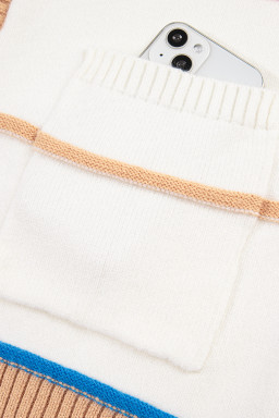 White Color Block Striped Open Front Cardigan With Pocket