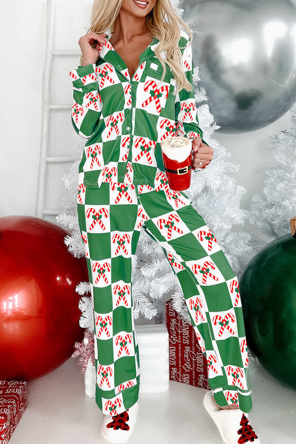 Green Candy Cane Checkered Pattern Christmas Pajama Set