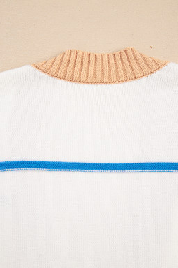 White Color Block Striped Open Front Cardigan With Pocket