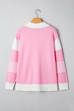 Pink Striped V Neck Collared Colorblock Patchwork Sweater
