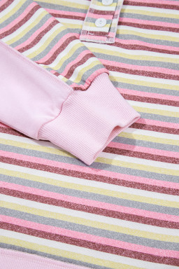 Pink Striped Patchwork Button V Neck Pullover Sweatshirt