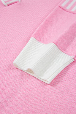 Pink Striped V Neck Collared Colorblock Patchwork Sweater
