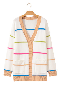 White Color Block Striped Open Front Cardigan With Pocket