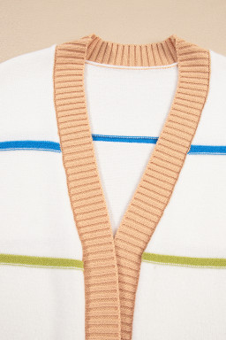 White Color Block Striped Open Front Cardigan With Pocket