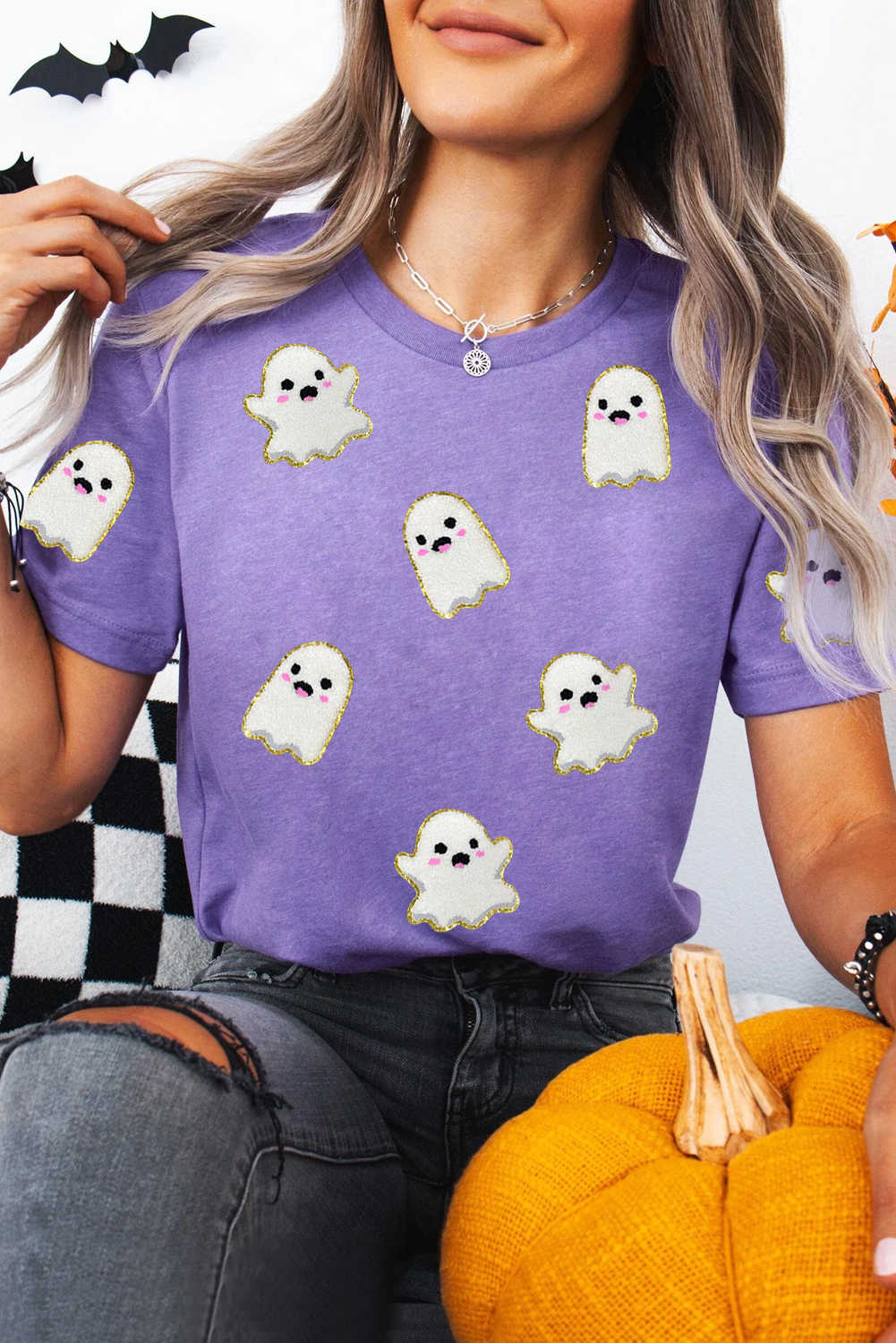 Wisteria Glitter Trim Chenille Ghost Sequins Patch Application Halloween Graphic Tee