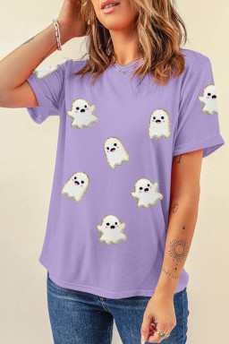 Wisteria Glitter Trim Chenille Ghost Sequins Patch Application Halloween Graphic Tee