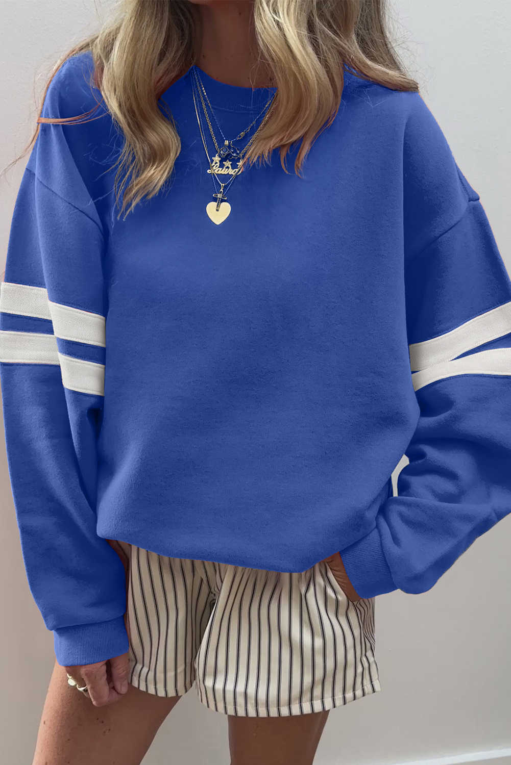 Sky Blue Preppy Striped Sleeve Loose Sweatshirt