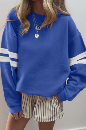 Sky Blue Preppy Striped Sleeve Loose Sweatshirt