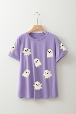 Wisteria Glitter Trim Chenille Ghost Sequins Patch Application Halloween Graphic Tee