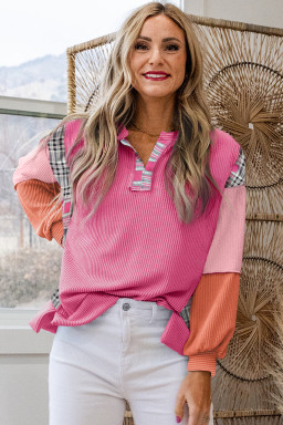 Rose Red Corded Texture Plaid Patchwork Split Neck Long Sleeve Top