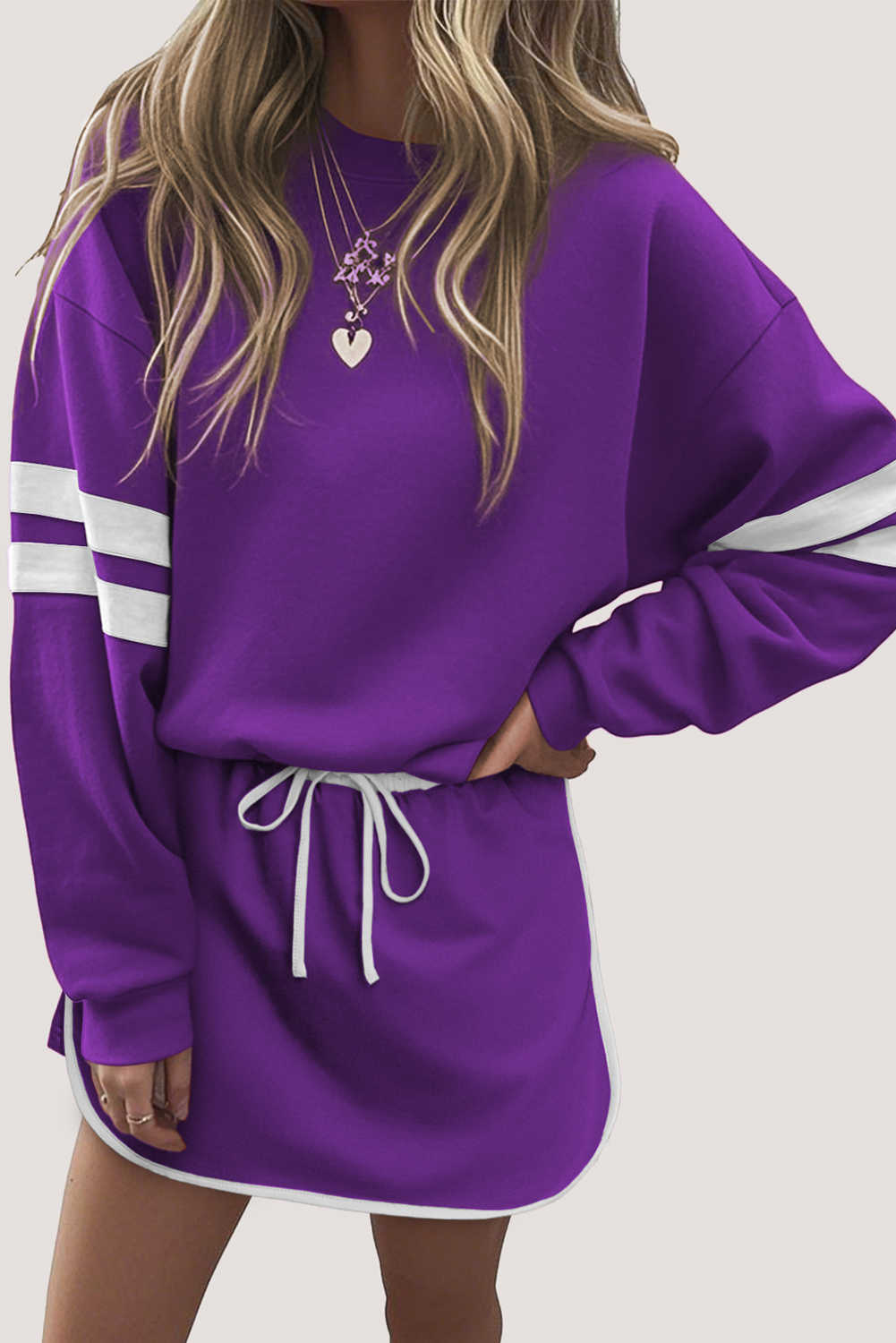 Tillandsia Purple Varsity Stripe Detail Drop Shoulder Pullover Mini Skort Set