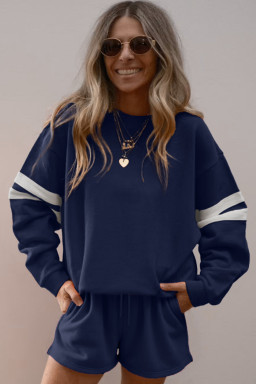 Navy Blue Varsity Striped Sleeve Drop Shoulder Sweatshirt and Shorts Set