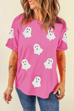 Sachet Pink Halloween Ghost Sequins Patch Casual T Shirt