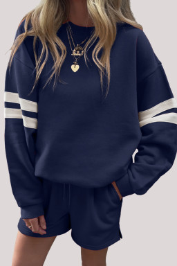 Navy Blue Varsity Striped Sleeve Drop Shoulder Sweatshirt and Shorts Set