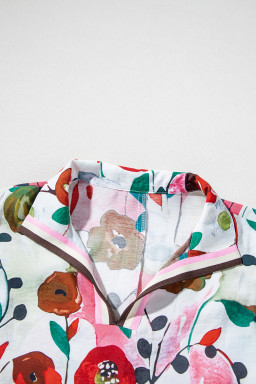 Pink Floral Print Boho Pop of Color Neckline Blouse