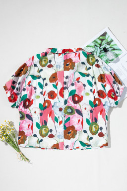 Pink Floral Print Boho Pop of Color Neckline Blouse