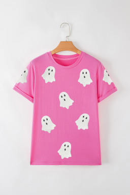 Sachet Pink Halloween Ghost Sequins Patch Casual T Shirt