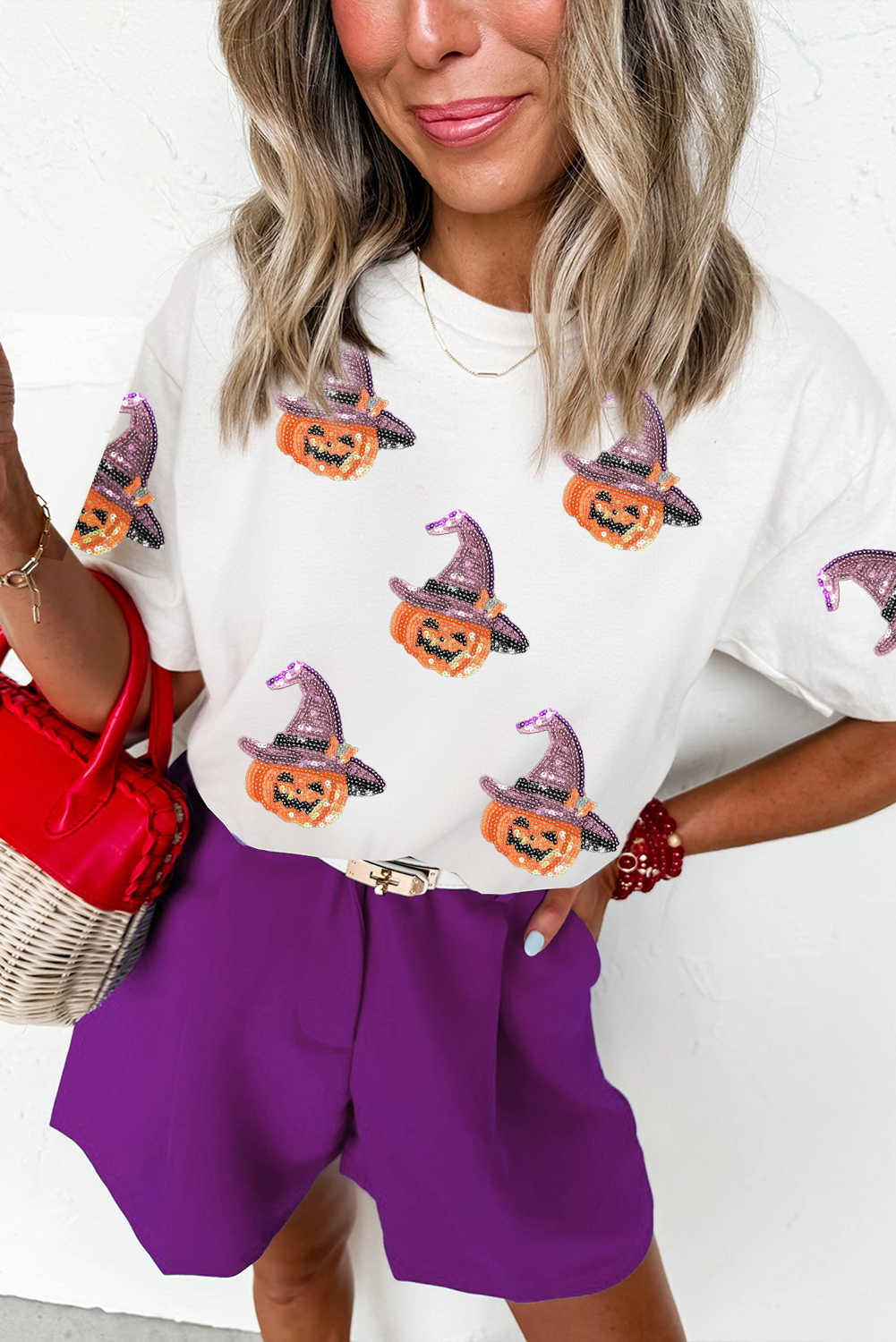 White Pumpkin Witch Sequins Patch Halloween Graphic Tee