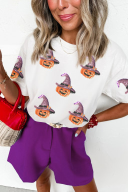 White Pumpkin Witch Sequins Patch Halloween Graphic Tee