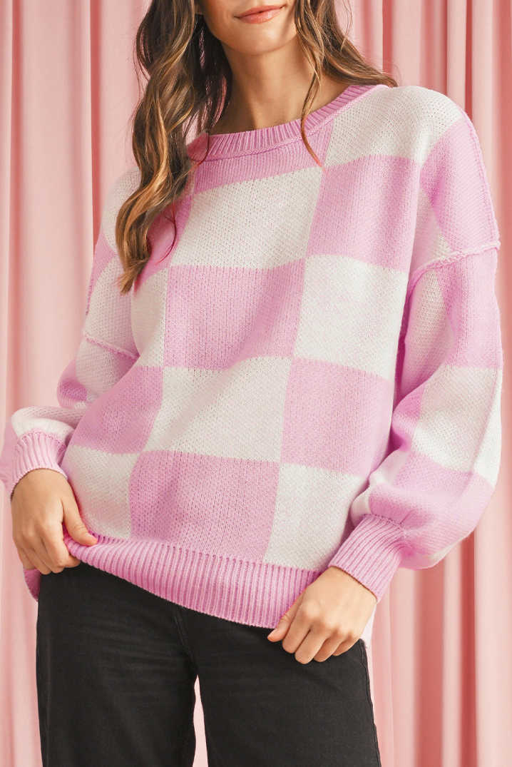 Pink Checked Bishop Sleeve Pullover Sweater